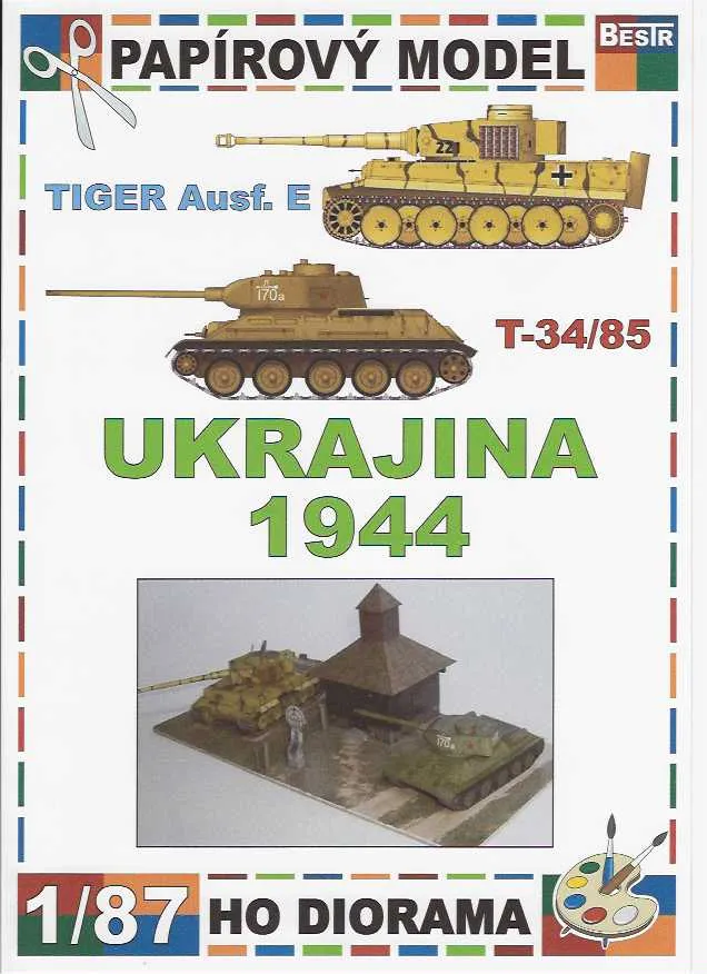 Papierový model - Dioráma Ukrajina 1944 - Tiger Ausf. E / T-34/85