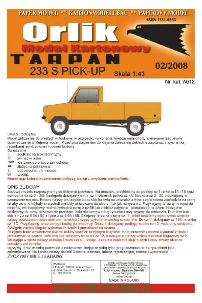 Papierový model - Tarpan 233S PICK-UP